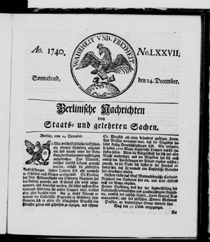 Berlinische Nachrichten von Staats- und gelehrten Sachen vom 24.12.1740