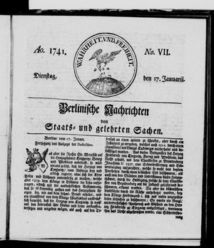 Berlinische Nachrichten von Staats- und gelehrten Sachen vom 17.01.1741