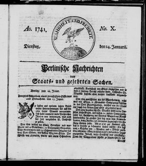 Berlinische Nachrichten von Staats- und gelehrten Sachen vom 24.01.1741