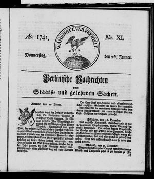 Berlinische Nachrichten von Staats- und gelehrten Sachen vom 26.01.1741