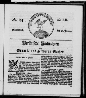 Berlinische Nachrichten von Staats- und gelehrten Sachen on Jan 28, 1741