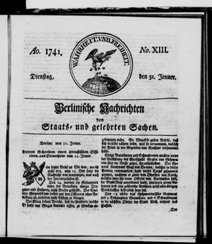 Berlinische Nachrichten von Staats- und gelehrten Sachen vom 31.01.1741