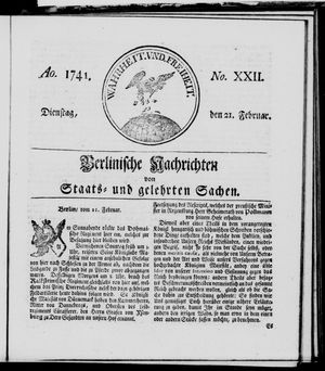 Berlinische Nachrichten von Staats- und gelehrten Sachen vom 21.02.1741