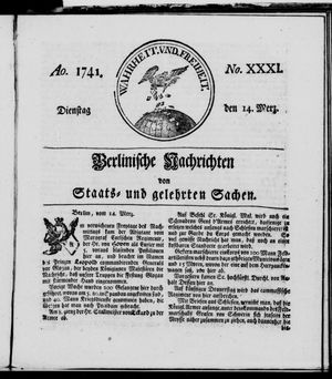 Berlinische Nachrichten von Staats- und gelehrten Sachen vom 14.03.1741