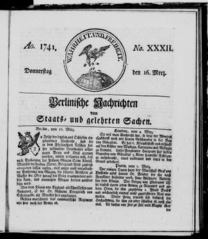 Berlinische Nachrichten von Staats- und gelehrten Sachen vom 16.03.1741
