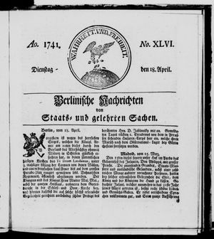 Berlinische Nachrichten von Staats- und gelehrten Sachen vom 18.04.1741