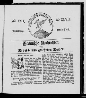 Berlinische Nachrichten von Staats- und gelehrten Sachen vom 20.04.1741