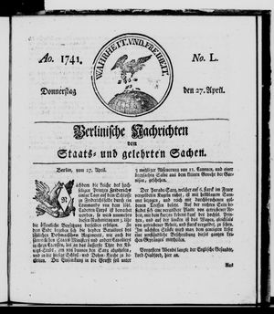 Berlinische Nachrichten von Staats- und gelehrten Sachen vom 27.04.1741