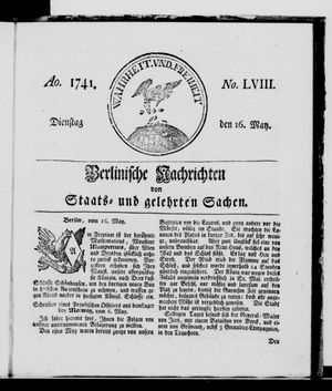 Berlinische Nachrichten von Staats- und gelehrten Sachen vom 16.05.1741