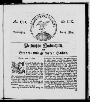Berlinische Nachrichten von Staats- und gelehrten Sachen vom 18.05.1741