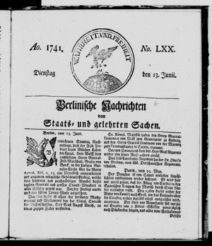 Berlinische Nachrichten von Staats- und gelehrten Sachen vom 13.06.1741