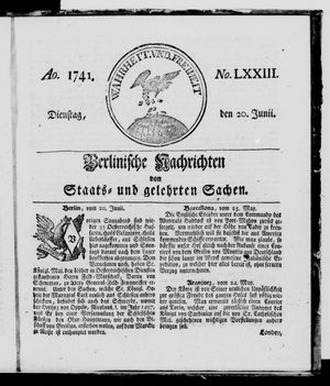 Berlinische Nachrichten von Staats- und gelehrten Sachen on Jun 20, 1741