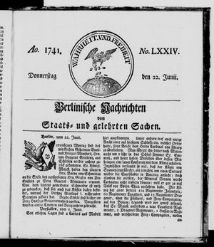 Berlinische Nachrichten von Staats- und gelehrten Sachen vom 22.06.1741