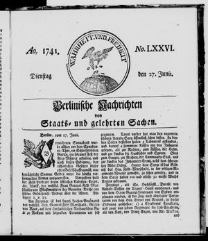 Berlinische Nachrichten von Staats- und gelehrten Sachen vom 27.06.1741