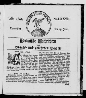 Berlinische Nachrichten von Staats- und gelehrten Sachen vom 29.06.1741