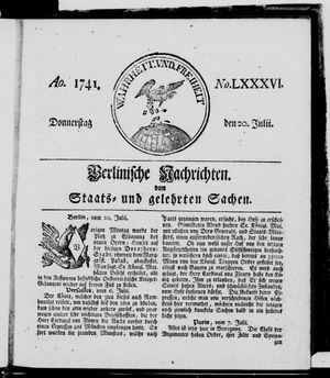 Berlinische Nachrichten von Staats- und gelehrten Sachen vom 20.07.1741