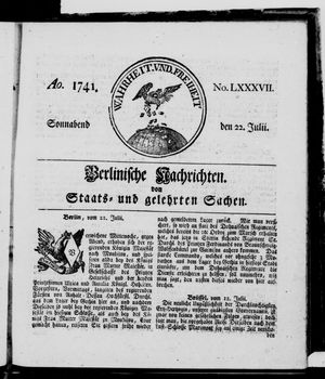 Berlinische Nachrichten von Staats- und gelehrten Sachen on Jul 22, 1741