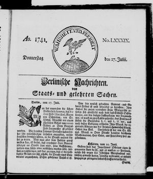 Berlinische Nachrichten von Staats- und gelehrten Sachen vom 27.07.1741