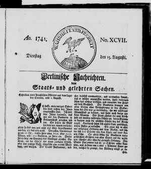 Berlinische Nachrichten von Staats- und gelehrten Sachen vom 15.08.1741