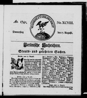 Berlinische Nachrichten von Staats- und gelehrten Sachen on Aug 17, 1741