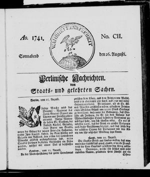 Berlinische Nachrichten von Staats- und gelehrten Sachen vom 26.08.1741