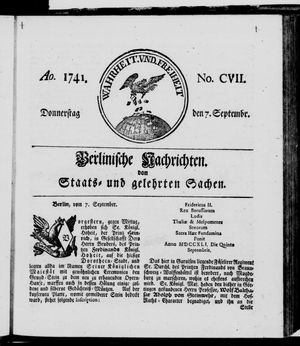 Berlinische Nachrichten von Staats- und gelehrten Sachen on Sep 7, 1741