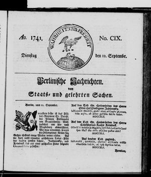 Berlinische Nachrichten von Staats- und gelehrten Sachen vom 12.09.1741