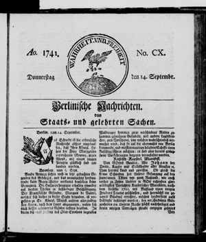 Berlinische Nachrichten von Staats- und gelehrten Sachen on Sep 14, 1741