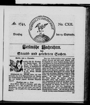Berlinische Nachrichten von Staats- und gelehrten Sachen vom 19.09.1741