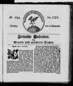 Berlinische Nachrichten von Staats- und gelehrten Sachen vom 26.09.1741