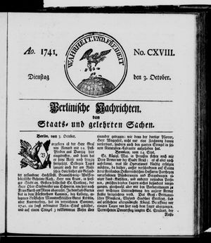 Berlinische Nachrichten von Staats- und gelehrten Sachen on Oct 3, 1741
