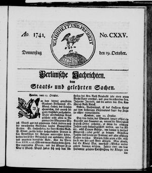 Berlinische Nachrichten von Staats- und gelehrten Sachen vom 19.10.1741