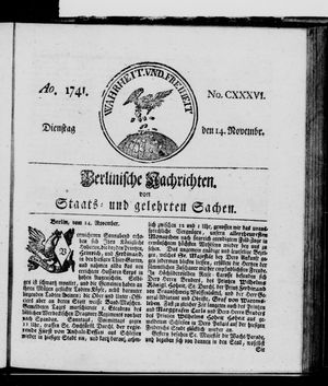 Berlinische Nachrichten von Staats- und gelehrten Sachen on Nov 14, 1741