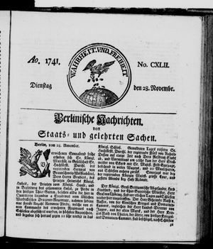 Berlinische Nachrichten von Staats- und gelehrten Sachen vom 28.11.1741
