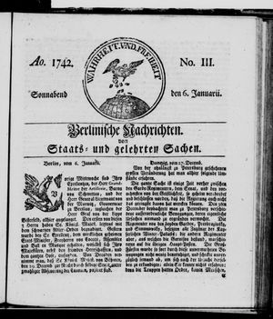 Berlinische Nachrichten von Staats- und gelehrten Sachen vom 06.01.1742