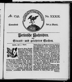 Berlinische Nachrichten von Staats- und gelehrten Sachen vom 31.03.1742