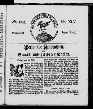 Berlinische Nachrichten von Staats- und gelehrten Sachen vom 14.04.1742