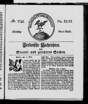 Berlinische Nachrichten von Staats- und gelehrten Sachen vom 17.04.1742