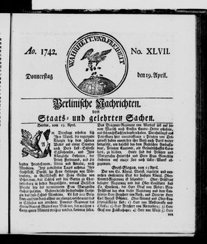 Berlinische Nachrichten von Staats- und gelehrten Sachen vom 19.04.1742