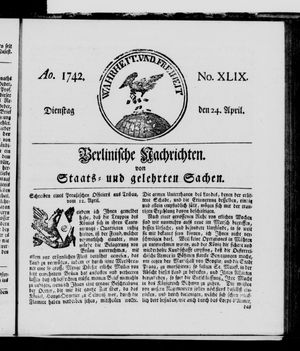 Berlinische Nachrichten von Staats- und gelehrten Sachen vom 24.04.1742