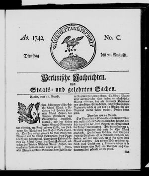 Berlinische Nachrichten von Staats- und gelehrten Sachen vom 21.08.1742