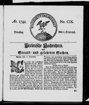 Berlinische Nachrichten von Staats- und gelehrten Sachen vom 11.09.1742
