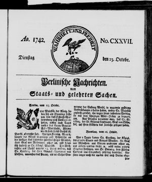 Berlinische Nachrichten von Staats- und gelehrten Sachen on Oct 23, 1742