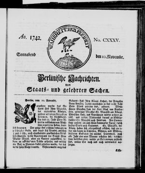 Berlinische Nachrichten von Staats- und gelehrten Sachen on Nov 10, 1742