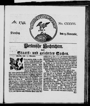Berlinische Nachrichten von Staats- und gelehrten Sachen vom 13.11.1742