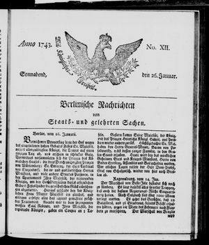 Berlinische Nachrichten von Staats- und gelehrten Sachen vom 26.01.1743