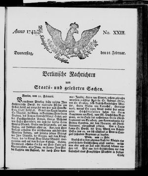 Berlinische Nachrichten von Staats- und gelehrten Sachen vom 21.02.1743