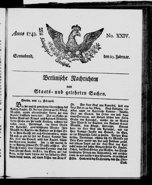 Berlinische Nachrichten von Staats- und gelehrten Sachen vom 23.02.1743