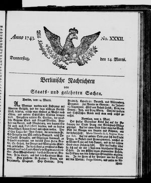 Berlinische Nachrichten von Staats- und gelehrten Sachen vom 14.03.1743