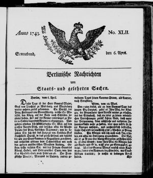 Berlinische Nachrichten von Staats- und gelehrten Sachen vom 06.04.1743
